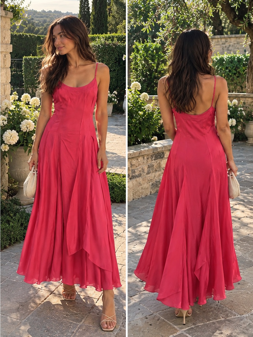 Massimo Dutti Pink Fuchsia Flowing Strappy Layered Maxi Dress | US 8